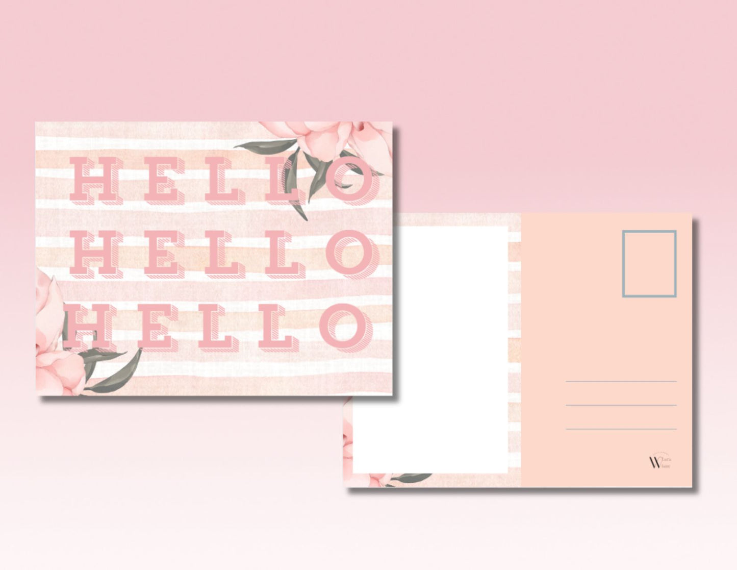 Postcard Pink Peonies with Pastel Stripes, Greeting Card - Digital Download