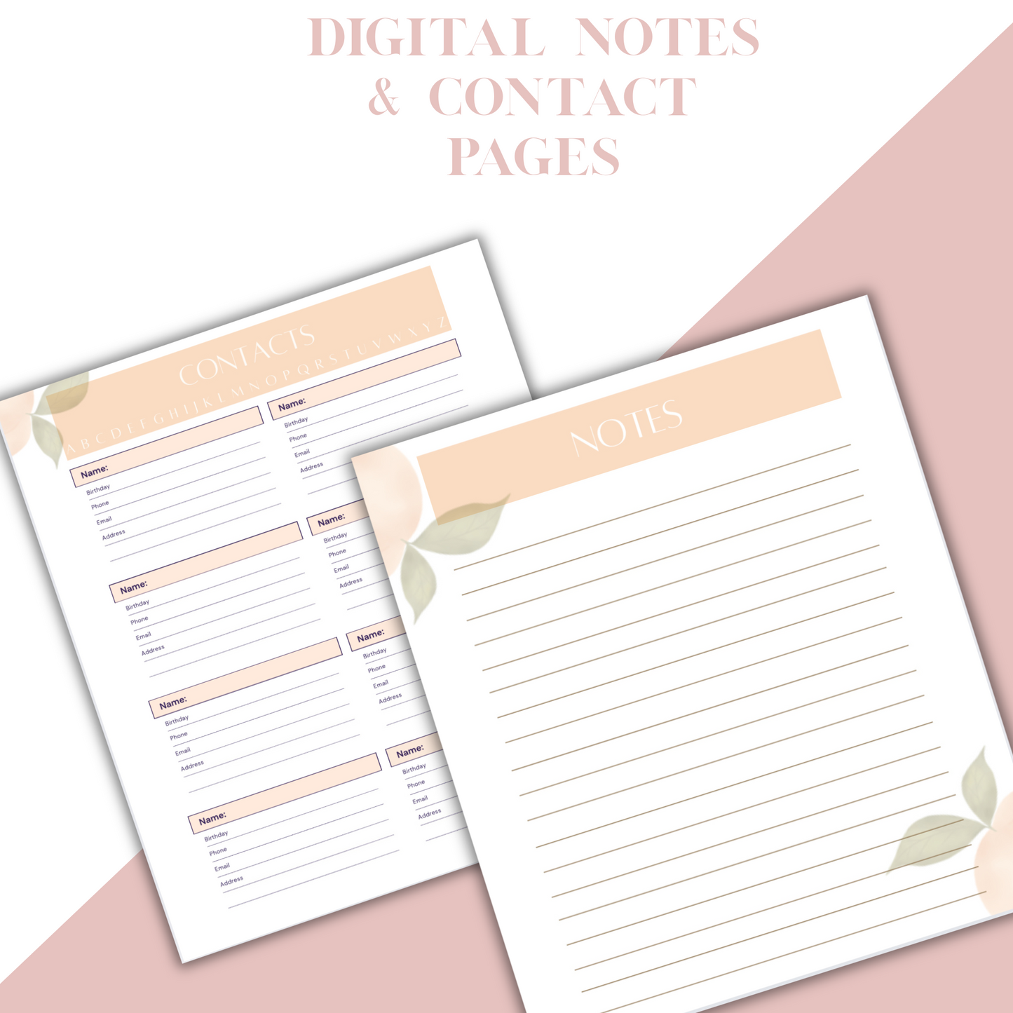 Digital Planner, Monthly, weekly organization with contact page, Peach Digital Planner