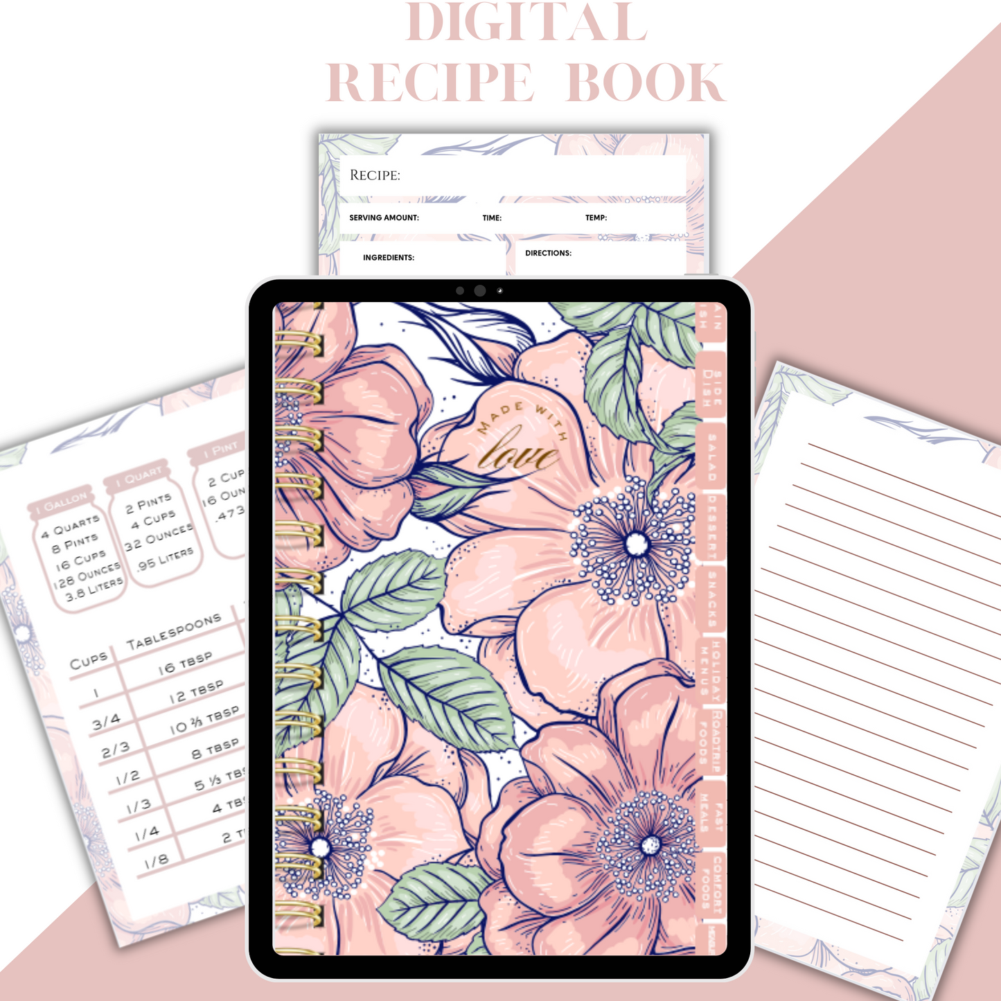 Digital Recipe Book, Made with Love Recipe Book, Blank Recipe Book, Floral Recipe Book Digital