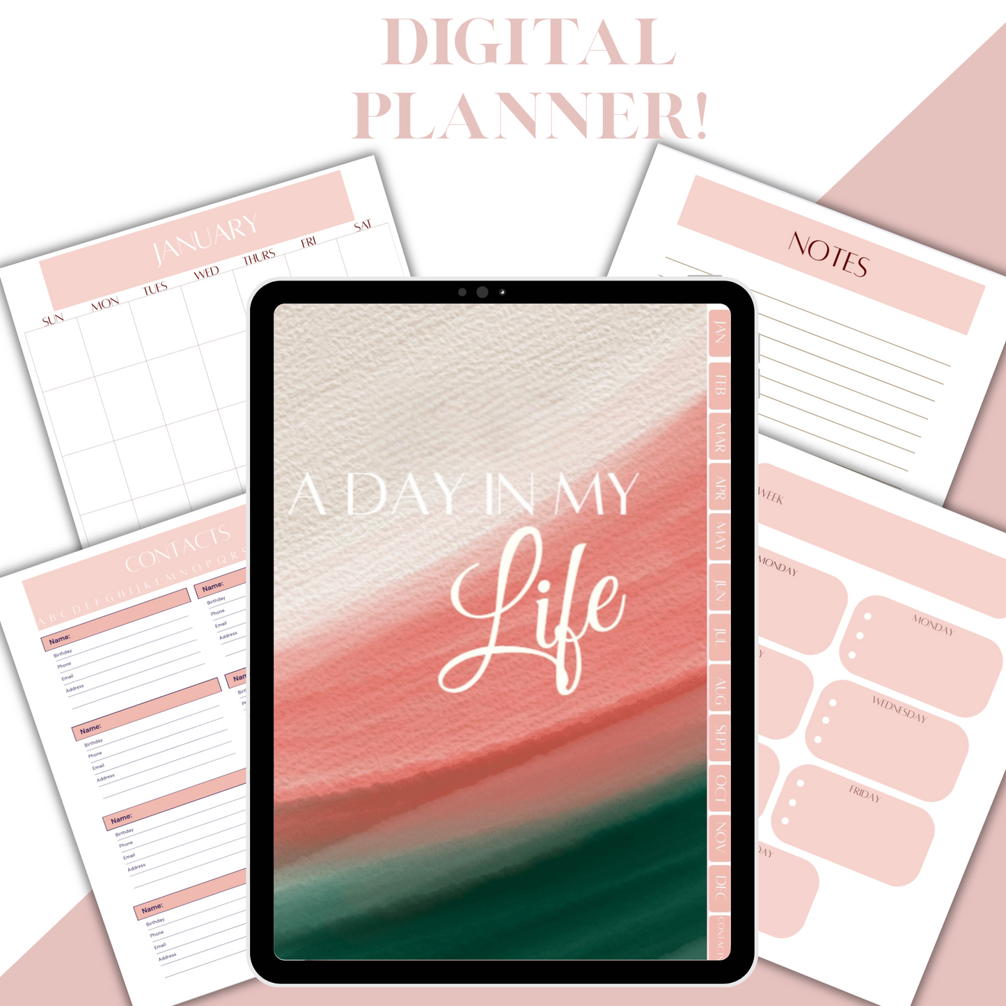 Digital Planner, Monthly, Weekly organization with contact page, Watercolor digital planner