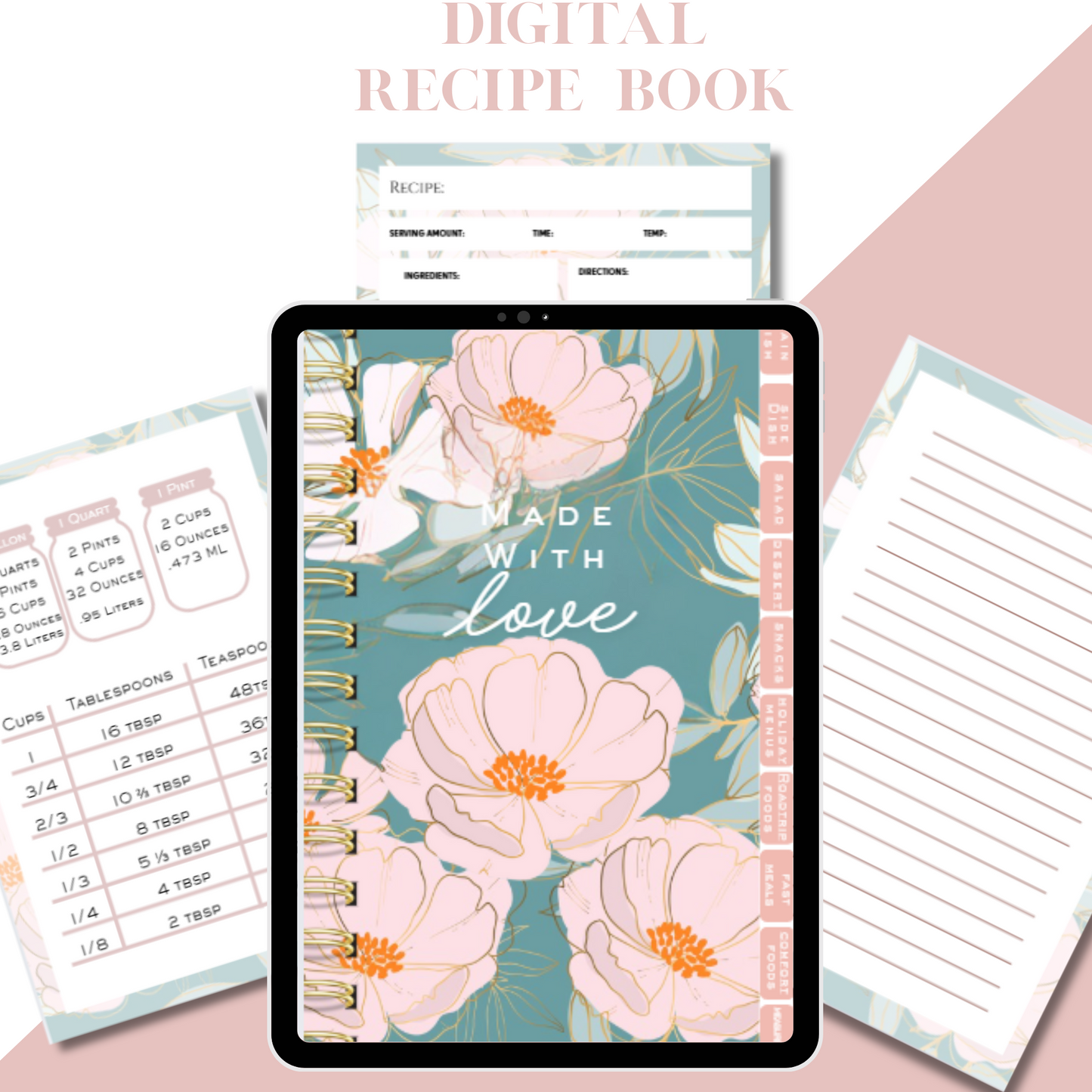 Digital Recipe Book, Made with Love Recipe Book, Blank Recipe Book, Floral Teal Recipe Book Digital (Copy)