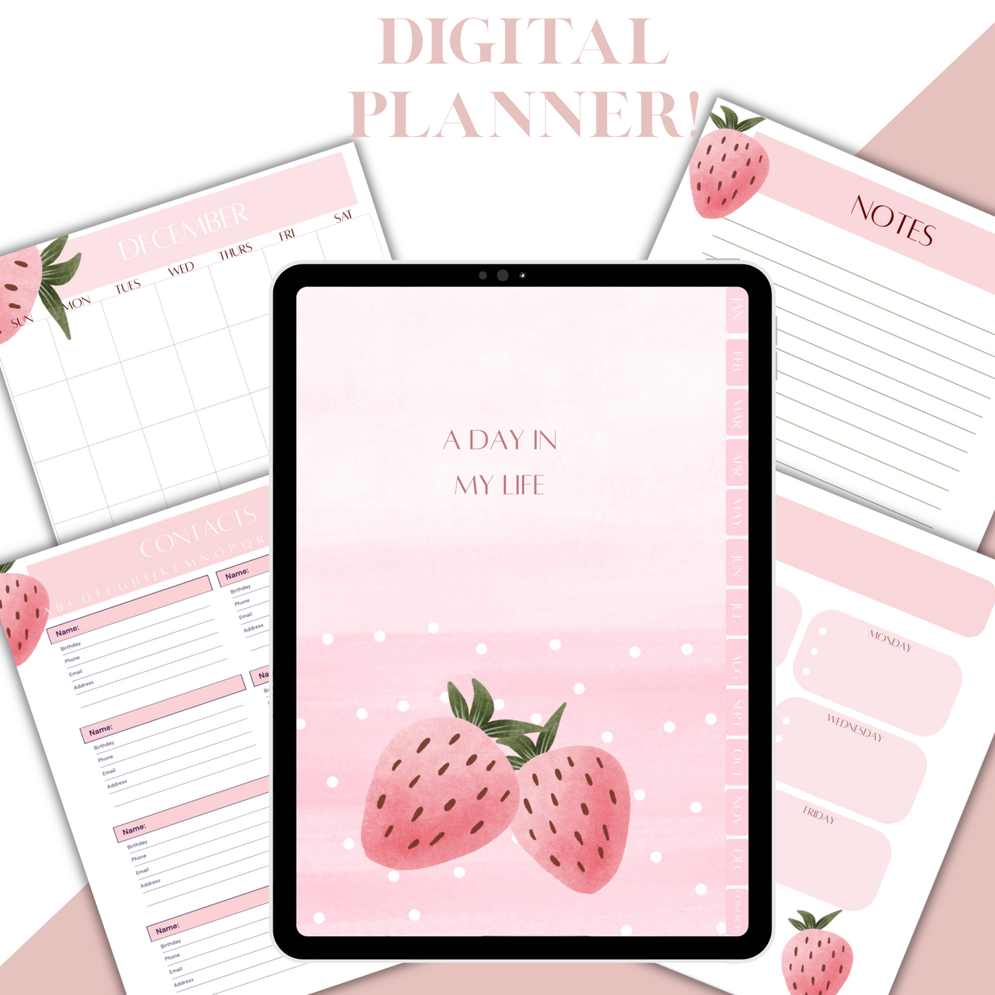 Digital Planner, monthly, weekly planner, organization with contact page, Strawberry digital planner