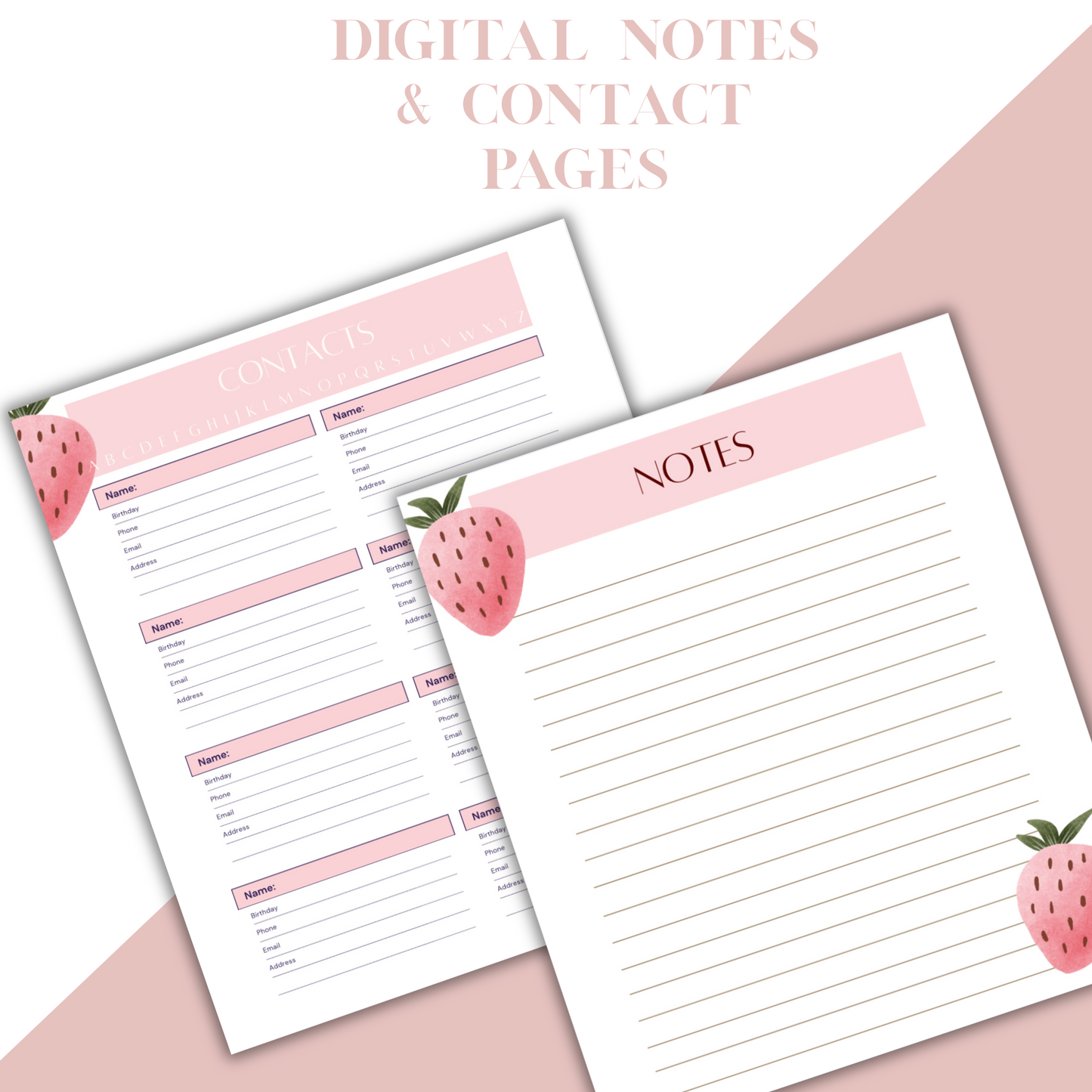 Digital Planner, monthly, weekly planner, organization with contact page, Strawberry digital planner