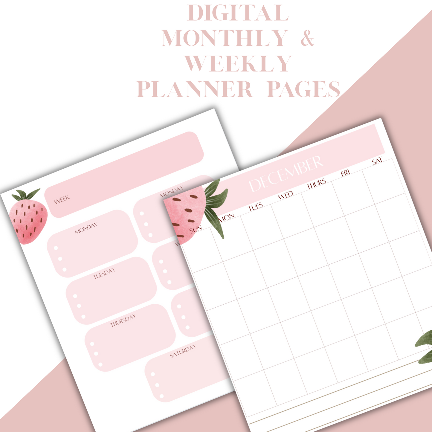 Digital Planner, monthly, weekly planner, organization with contact page, Strawberry digital planner